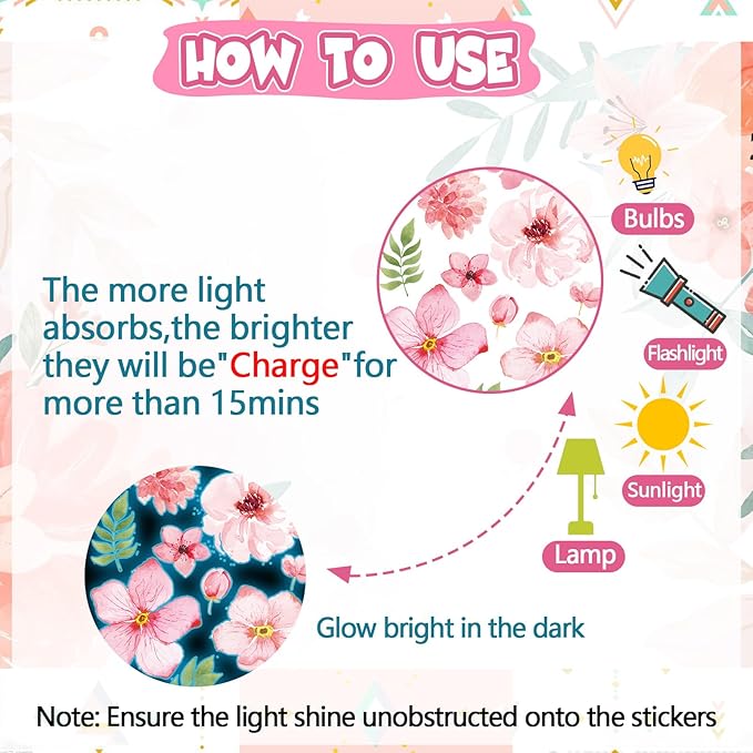 Glow in The Dark Boho Flower Wall Decals，Glowing Luminous Pink Watercolor Flower Wall Stickers Removable self-Adhesive Wildflower Decals for Girls Bedroom Kids Baby Nursery Living Room Decor