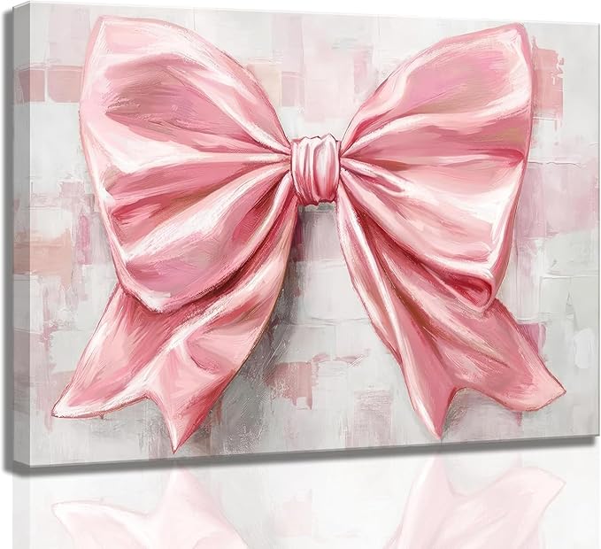 Pink Bow Canvas Wall Art Trendy Cute Preppy Watercolor Bow Painting Pictures Wall Decor Posters Prints Girly Aesthetic for College Apartment Bedroom Decoration
