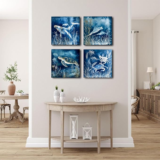 Ocean Beach Wall Art Blue Coastal Room Decor Nautical Canvas Prints Sea Turtle Whale Crab Stingray Pictures Paintings Underwater Marine Posters Artwork for House Beachy Bedroom Decoration 16x16” 4Pcs