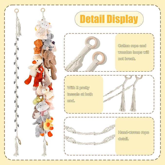 80" 2-Pack Cotton Hanging Storage Chain For Stuffed Animals Storage with 20 Metal Clips, Stuffed Animal Organizer Chain for Wall Corner Nursery Play Room, White