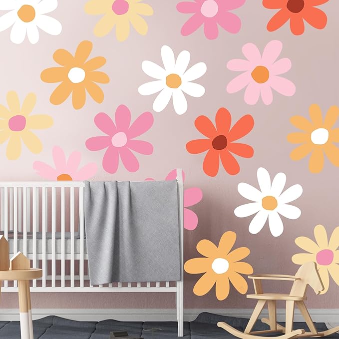 TaoBary 12 Sheet Daisy Wall Sticker Decal Removable Cute Daisy Bedroom Room Decor Flower Wall Sticker Pink White Flower Decal Wallpaper Peel and Stick for Nursery Home(Bright Color,Minimalist Style)