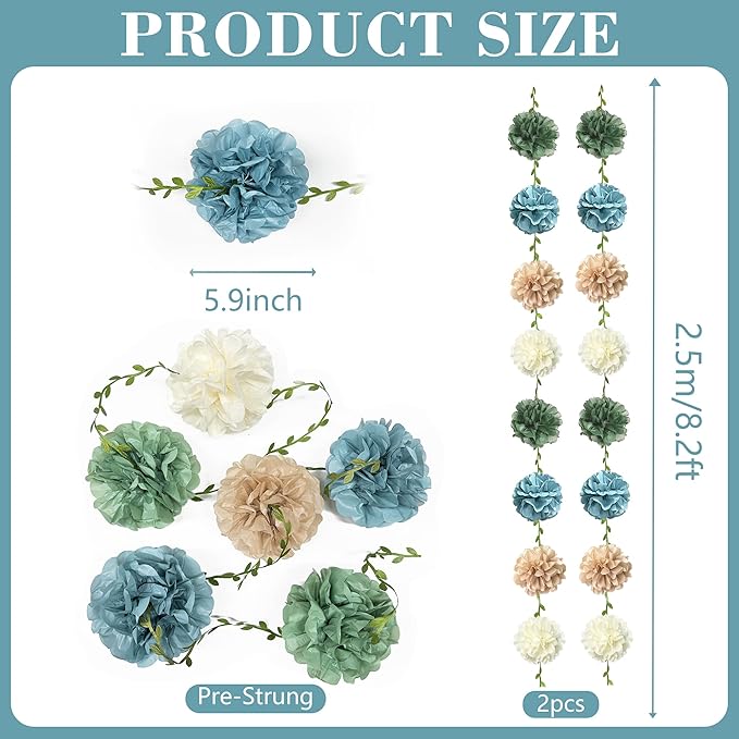 Sage Green Dusty Blue Khaki Beige Tissue Paper Flowers Pom Pom with Leaf Ribbon Hanging Garland Streamer for Birthday Baby Shower Wedding Engagement Silly Goose Themed Party Decorations Supplies