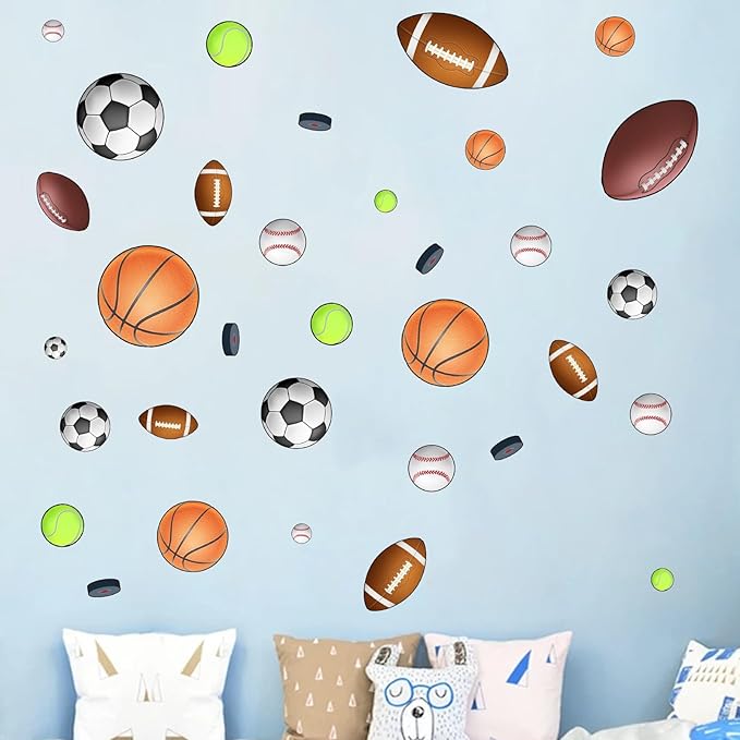 Basketball Football Sports Wall Stickers - Kids Baby Boys Wall Decals - Nursery Playroom Classroom Daycare Game Room Bedroom Home Wall Decor