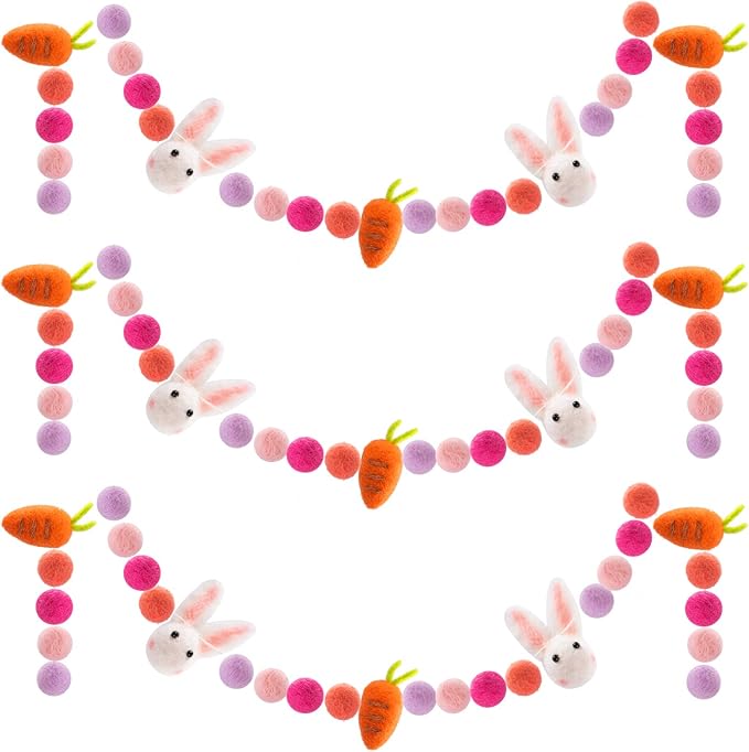 3 Pieces Easter Felt Ball Rabbit Carrot Garlands - 6.6 Feet Handmade Pom Pom Felt Ball Bunny Spring Tree Ornaments Party Favors for Easter Home Bedroom Living Room Wall Decors