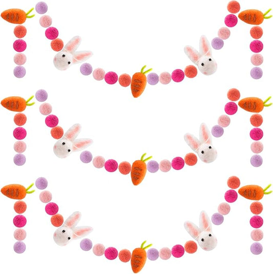 3 Pieces Easter Felt Ball Rabbit Carrot Garlands - 6.6 Feet Handmade Pom Pom Felt Ball Bunny Spring Tree Ornaments Party Favors for Easter Home Bedroom Living Room Wall Decors