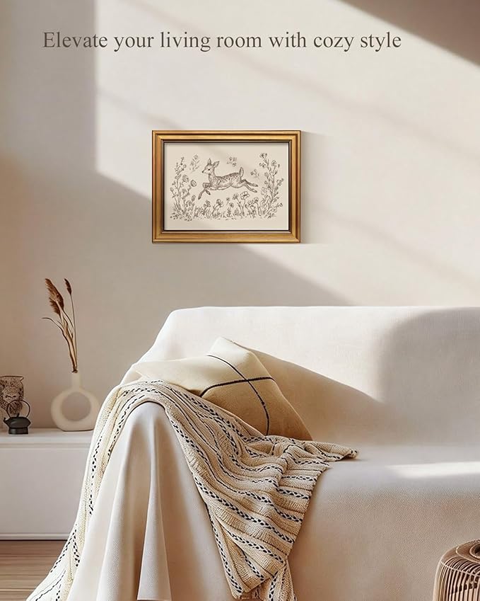 InSimSea Gold Framed Canvas Prints Wall Art, Vintage Nursery Decor, Deer in the Flowers Animal Line Paintings Wall Decor Aesthetic, Neutral Pictures for Bedroom Living Room Shelf, 12x16inch
