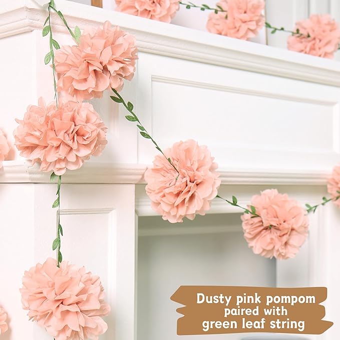 2 Pcs Dusty Pink Flower Garland for Bridal Shower Decorations, Baby Shower Decorations for Girls, Pom Pom Garland, Paper Flowers Party Decorations for Birthday