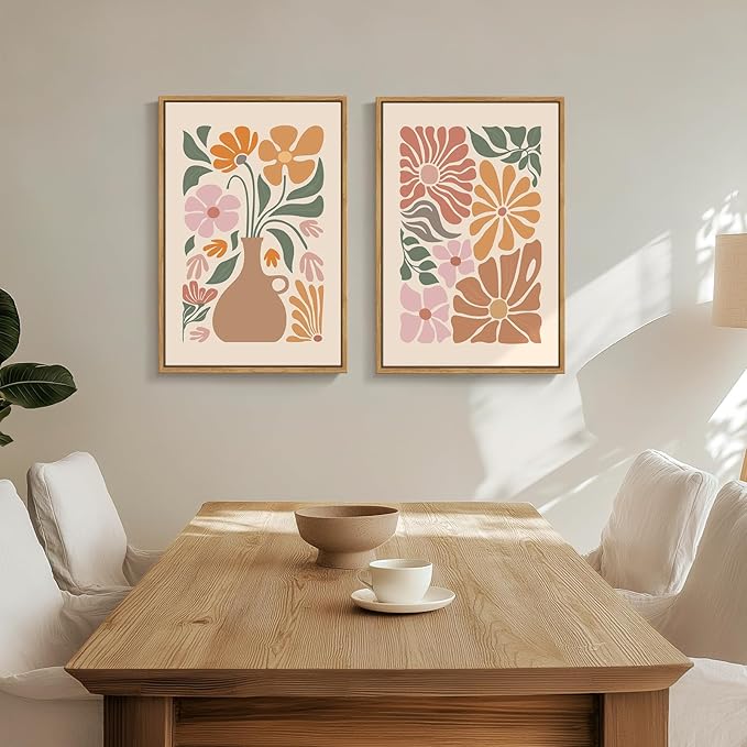 Framed Boho Neutral Floral Wall Art for Room Decor, Set of 2 Botanical Flower Artwork for Walls, Bohemian Modern Canvas Paintings Prints for Living Room Bedroom Office Kitchen Wall Decor, 20x30 Inch