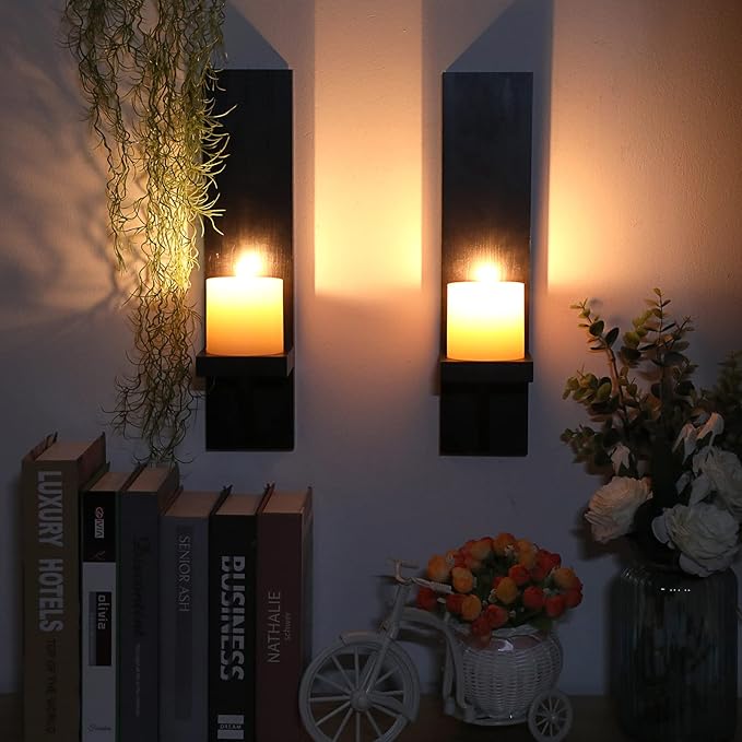 OwnMy Set of 2 Wooden Wall Candle Sconces Rustic Wall Mount Wooden Pillar Candle Sconces, Black Farmhouse Wall Candle Sconce Vintage Hanging Candle Holders Decor for Living Room