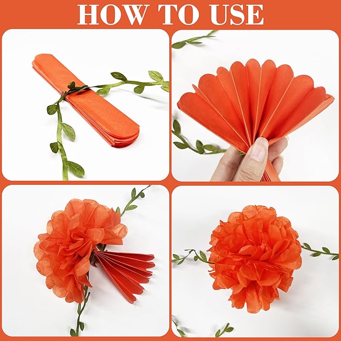 Fall Party Decorations Orange Yellow Brown Beige Tissue Paper Flowers Pom Pom Leaf Ribbon Hanging Garland Streamer for Thanksgiving Harvest Birthday Bachelorette Baby Shower Wedding Party Supplies