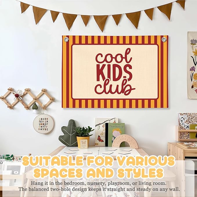 Boys Room Decor,Cool Kids Club Linen Canvas Banner, Orange Striped Wall Hanging,Playroom Decor Wall Flag Banner for Kids Room Nursery Toddler Boy Bedroom Classroom,Baby Shower Gifts 30x20 Inch