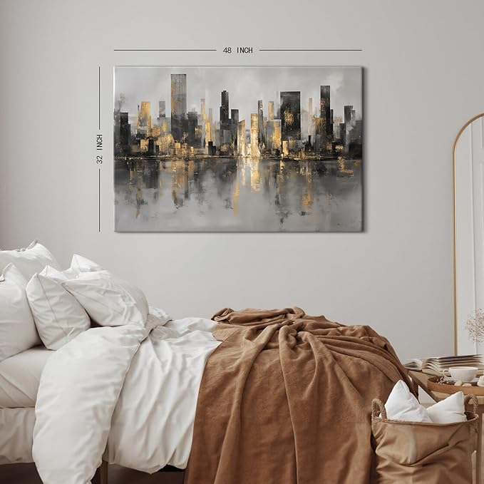 Abstract New York Skyline Wall Art Modern Black and Gold City Canvas Prints NYC Skyline Paintings Grey Contemporary Cityscape Framed Artwork for LIving Room Bedroom Office Home Decorations 32x48