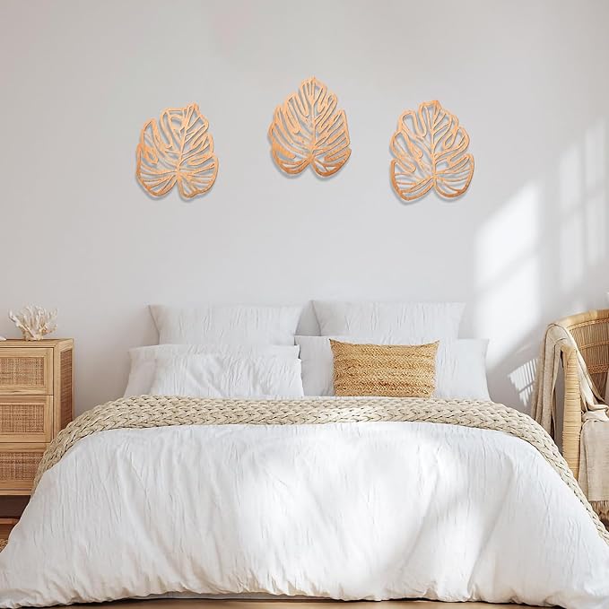 Palm Leaves Wood Wall Decor , 3Pcs Tropical Wall Art Jungle Decor, Wooden Natural Leaves Plant Wall Decor, Vintage Tropical Plant Plaque for Home Living Room Kitchen Bedroom Bathroom & Garden, Light Brown