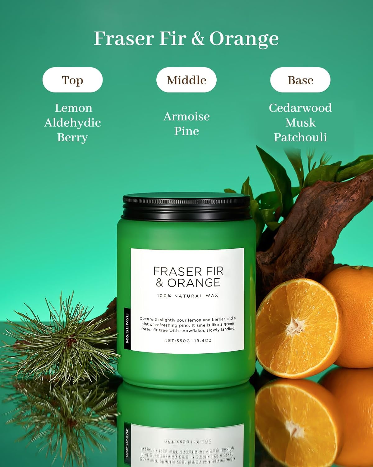 M&SENSE Fir & Orange Large Candle for Home Scented 19.4oz 110 Hour Clean Non Toxic Long Lasting Organic Natural Soy Wax Highly Scented Holiday Candle Gifts for Home Decor