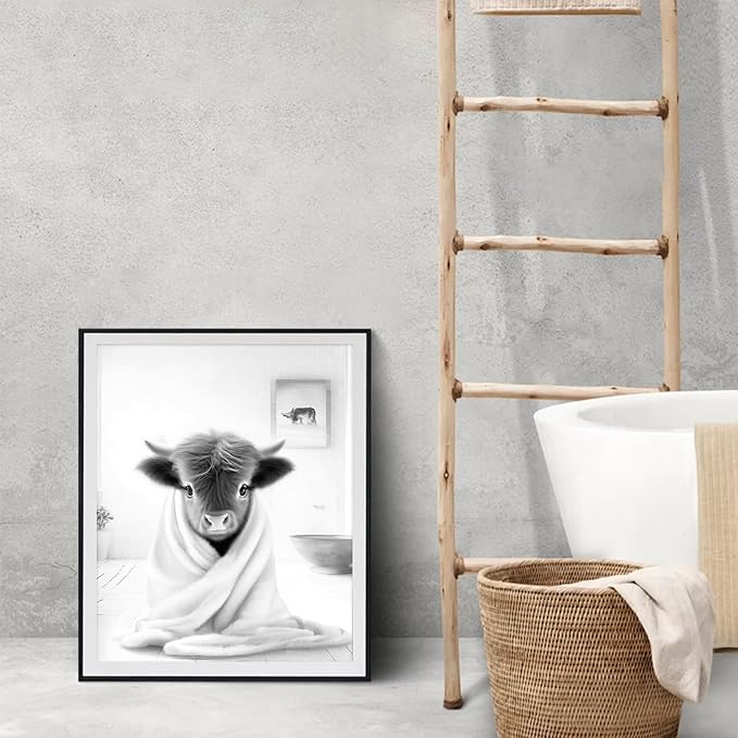 Western Cow Bathroom Decor Wall Art,Funny Highland Cow Wall Art in Restroom,Black and White Wall Decor,Highland Cow Canvas Art Prints,Rustic Retro Bathroom Wall Decor Humor Animals Artwork Prints,8x10inchx4pcs,Unframed