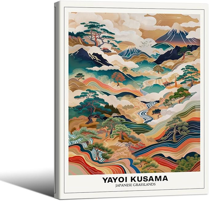 Vintage Yayoi Kusama Grasslands Posters Japanese Wall Art Yayoi Kusama Abstract Landscape Canvas Print for Stylish Room Bedroom Living Room Gallery Decor 12x16in Framed
