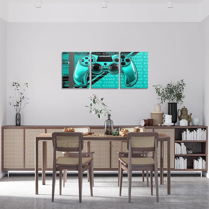 Feelyou Gamer Canvas Wall Art 12" x 16" 3 Piece Game Controller Office Wall Artwork Posters for Teens Adults Gaming Gifts Bathroom Wall Art for Home Gamepad TealBlue and Black Wall Painting