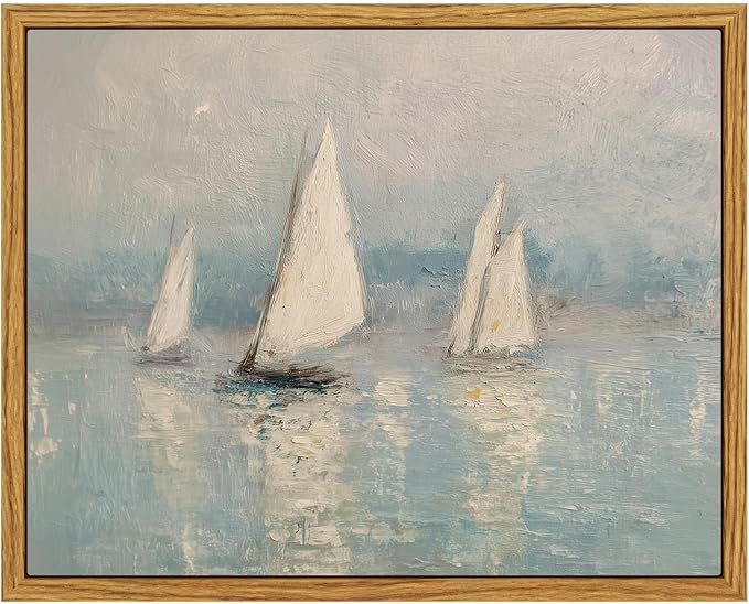 InSimSea Framed Canvas Wall Art, Vintage Sailboats Art for Living Room Hallway Shelf, 10x8in,Impressionist Coastal landscape Watercolor Painting, Rustic Cozy Mid Century Small Seaside Nature Decor