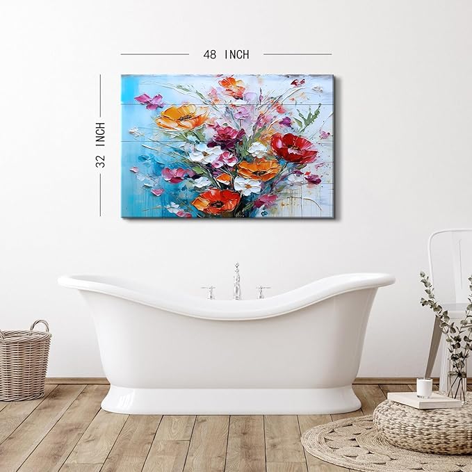 Extra Large Floral Canvas Wall Art for Living Room Poppy Flowers Painting Rustic Colorful Wildflowers Wall Decor Farmhouse Prints Vintage Nature Artwork Framed Kitchen Bedroom Home Decoration 32x48"