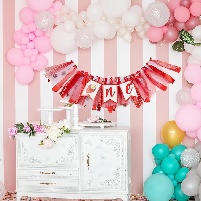 Strawberry "Sweet One" High Chair Banner - First Birthday Decorations for Girls, Berry-Themed High Chair Garland, 1st Birthday Photo Backdrop Prop for Baby Girl Party