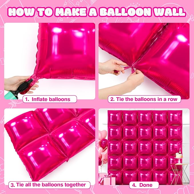 NISOCY 25PCS Hot Pink Square Foil Balloons Wall Backdrop Double Sided Rose Red Balloon Tunnel Arch Kit for Birthday Valentine Wedding Anniversary Bachelorette Bridal Baby Shower Party Decorations