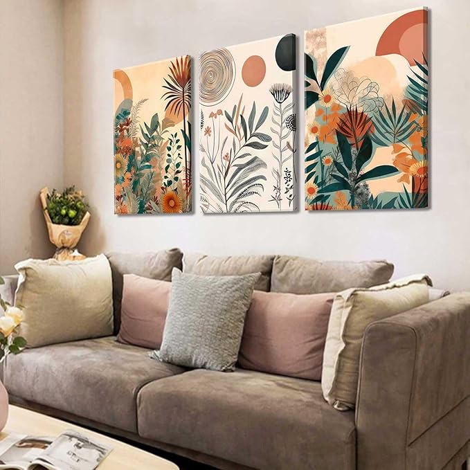 LYPHNX Framed Boho Burnt Orange Botanical Floral Canvas Wall Art Abstract Terracotta Jungle Poster Pictures Set of 3 Flower Prints Painting Home Decor for Bathroom Bedroom Living Room 12"x16"