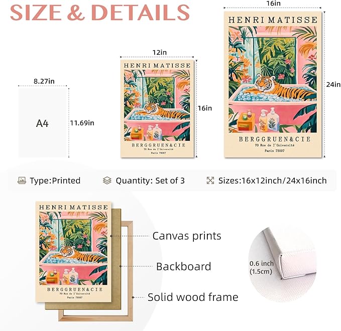 IAFWZX Framed Funny Bathroom Wall Art, Humorous Tiger In Bathtub Wall Decor, Henri Matisse Whimsical Animal Canvas Painting, Colorful Tropical Botanical Artwork for Living Room Bedroom 16"x24"