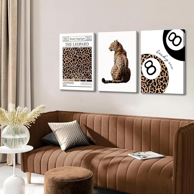 Set of 3 Trendy Leopard Canvas Wall Art Funky Lucky 8 Ball Posters Prints Preppy Room Aesthetic Cheetah Wall Decor Pictures for Girly Bedroom Apartment Dorm 16x24in