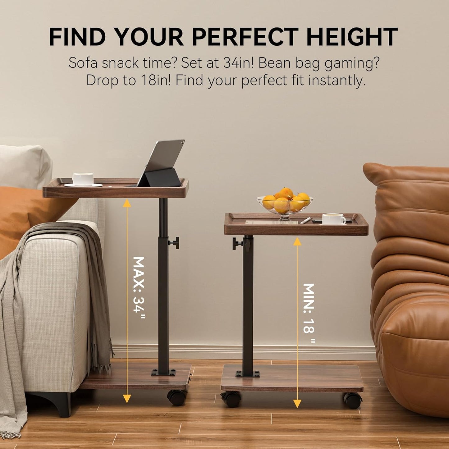 C Table End Table Adjustable Height, 360°Swivel TV Tray Table for Small Spaces, Couch Tables That slide under, C Shaped Side Tables living room and bedroom for Sofa, Bed,Chair, Snack (Walnut Brown)