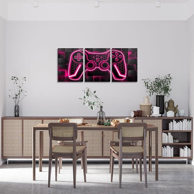 Feelyou Gamer Canvas Wall Art for Living Room 12"x16" 3 Piece Rose Red and Black Picture Wall Decor Gaming Ombre Office Wall Decorations Artwork Posters Geometric Square Wall Painting