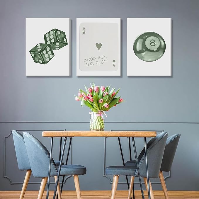 BOKPEN Green Poker Dice Canvas Wall Art Funky Y2K Trendy Preppy Pictures Lucky 8 Ball Poster Sage Prints Artwork Painting for Game Room Apartment Dorm Aesthetic Decoration 16x24in canvas