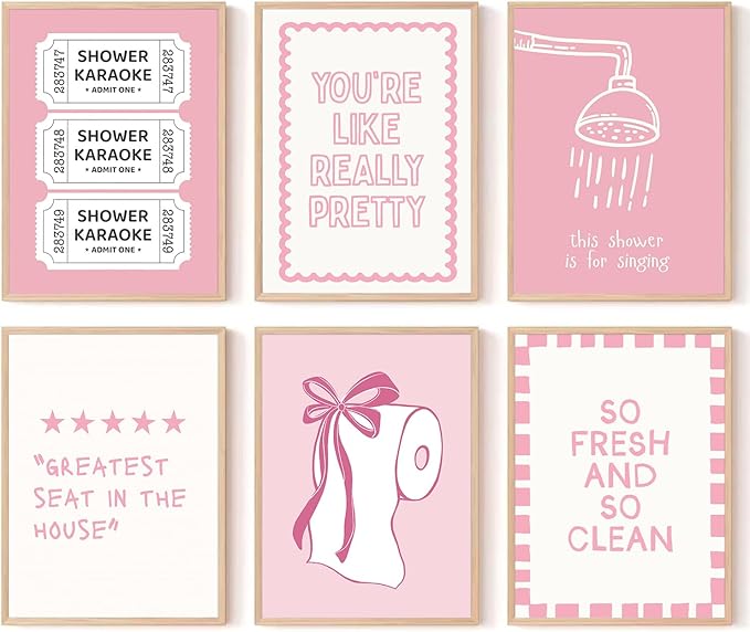 XBQZFLHT Coquette Pink Bathroom Wall Art Funny Shower Karaoke and Toilet Paper Bow Prints Wall Decor Cute Preppy Aesthetic Decor for Girls Washroom Dorm Restroom (8x10in Posters Unframed)
