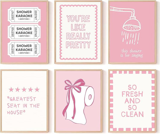 XBQZFLHT Coquette Pink Bathroom Wall Art Funny Shower Karaoke and Toilet Paper Bow Prints Wall Decor Cute Preppy Aesthetic Decor for Girls Washroom Dorm Restroom (8x10in Posters Unframed)
