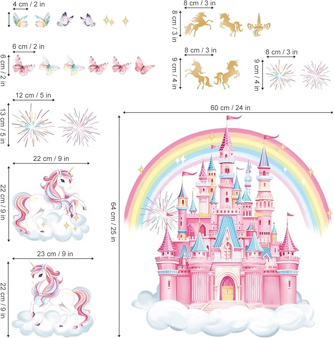 decalmile Rainbow Castle Wall Decals Unicorn Rainbow Butterfly Clouds Wall Stickers Girls Bedroom Baby Nursery Daycare Wall Decor