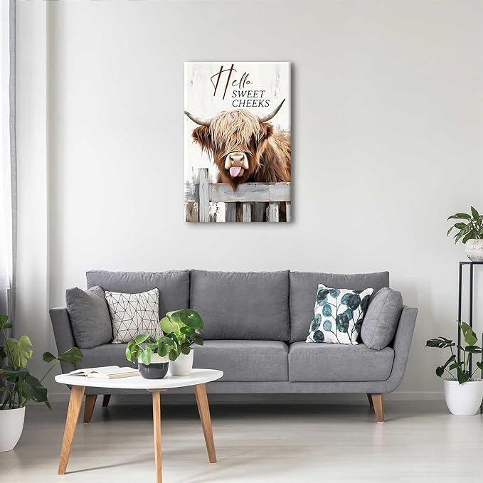 Farmhouse Cow Bathroom Wall Art Highland Cow Wall Decor Hello Sweet Cheeks Signs Prints Painting Longhorn Animal Pictures for Wall Rustic 24x36", Vintage Funny Cattle Poster Artwork Home Decorations