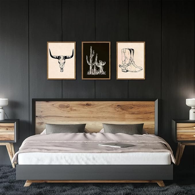 Vintage Western Wall Art Set of 3, Southwestern Cowboy Wall Decor Paintings, Black and White Longhorn Bull Skull Canvas Prints for Bedroom Living Room 16x24 inch Wood Framed