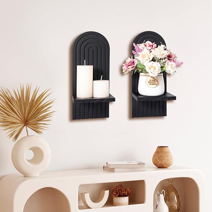 Sconces Wall Decor Set of 2, Wall Candle Holder Rustic Home Decor, Floating Candle Sconces Shelf Black Wall Art, Farmhouse Wall Decor for Living Room, Dining Room, Bedroom, Bathroom