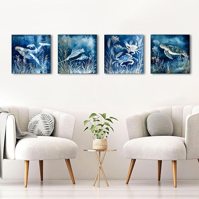 Ocean Animal Canvas Wall Art Navy Blue Coastal Bathroom Decor Sea Turtle Dolphin Whale Crab Pictures Wall Decor Under The Sea Marine Life Posters Beach House Living Room Bedroom Decoration 12x12” 4Pcs