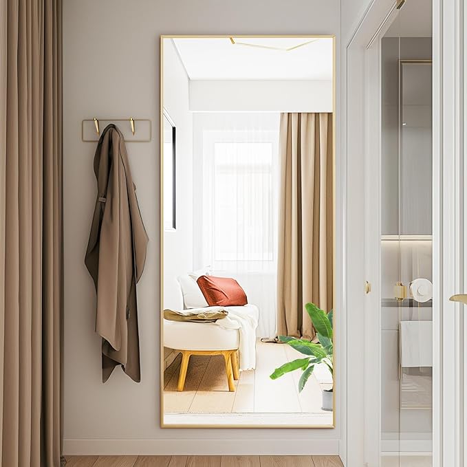 DUMOS Full Length Mirror with Stand, 56"x21" Floor Mirror with Aluminum Alloy Frame for Bedroom, Standing Full Body Mirror with Shatter-proorf Nano Glass for Wall, Living Room, Cloakroom, Gold