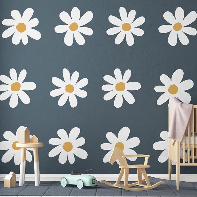 TaoBary 12 Sheet Daisy Wall Sticker Decal Removable Cute Daisy Bedroom Room Decor Flower Wall Sticker Pink White Flower Decal Wallpaper Peel and Stick for Nursery Home(White, Yellow,Vintage Style)