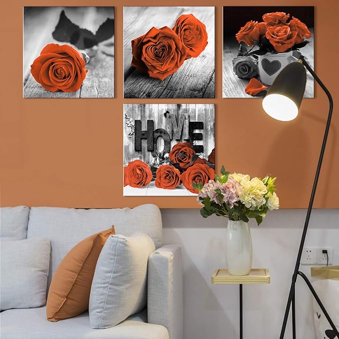Orange Wall Art Bloom Rose Pictures Canvas Prints Red and Black Floral Wall Decor Accessories Love Framed Flower Paintings Modern Contemporary Artwork Bedroom Kitchen Office Home Decorations 24x24”