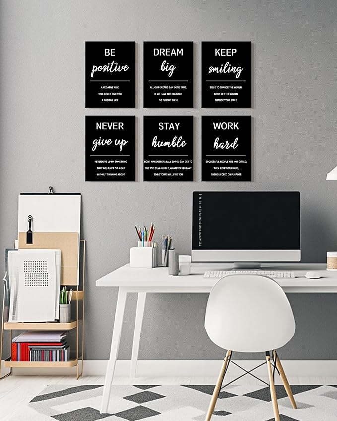 KUVIOKE Inspirational Framed Wall Art Motivational Quotes Wall Decor Encouraging Office Posters Positive Affirmations Sayings for Classroom Bedroom Living Room Ready to Hang Set of 6, 12x16in (Framed)