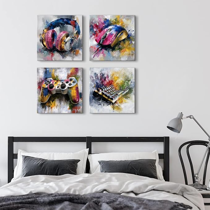 Gamer Canvas Wall Art Boys Gaming Wall Decor Colorful Abstract Gamer Decor for Teens Boy Bedroom Games Zone Theme Pictures Canvas Prints Cool Posters Video Game Painting Artwork Decorations 16x16”