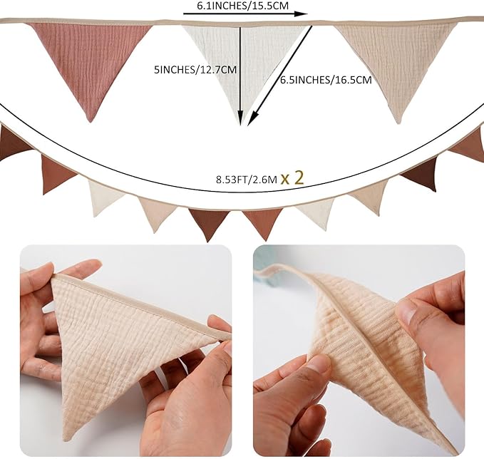 19.6ft Pennant Banners Bunting Flags, Garland Triangle Banners Fabric for Boho Shower Wedding Party Decorations Nursery Playroom Decor (Beige Coffee 2PCS)