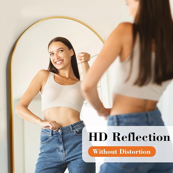 DUMOS 63.6"x20.6" Arched Full Length Mirror with Stand Floor Free Standing Aluminum Frame for Bedroom Body Hanging Leaning Modern Simple Home Decor Shatter-proorf Nano Glass Wall, Gold-Rounded