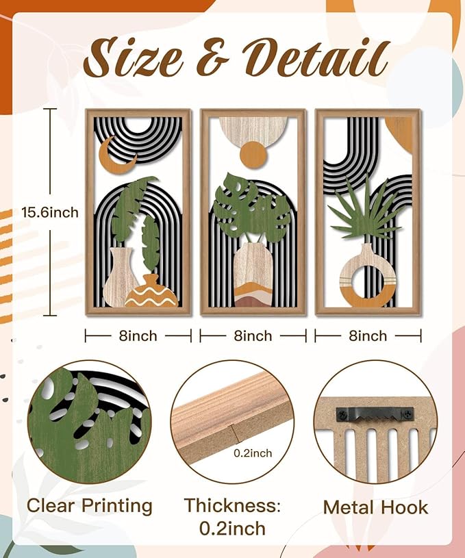 Putuo Decor Boho Abstract Wall Art Set of 3, Modern Minimalist Wooden Wall Decor, Geometric Aesthetic Botanical Artwork, Mid-Century Modern Design for Living Room, Bedroom, Office, Black 16.5 x 8.6