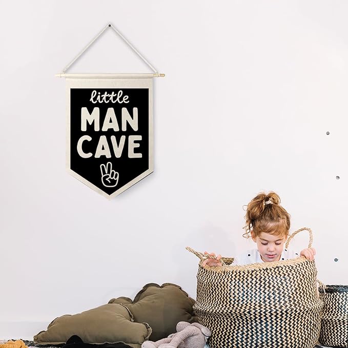 Qpenm Little Man Cave Wall Hanging Canvas Banner, Boys Room Decor, Modern Black and White Peace Sign Nursery Hanging Pennant Flag Posters Prints for Toddler Baby Little Boy Kids Room Playroom Decor