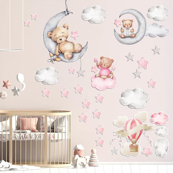 Yinder Pink Bear Wall Decals (12 Sheets, 78 Pcs) - Highland Cow, Clouds, Balloon Decor for Kids Nursery Room, Bedroom, Living Room, Classroom Decor