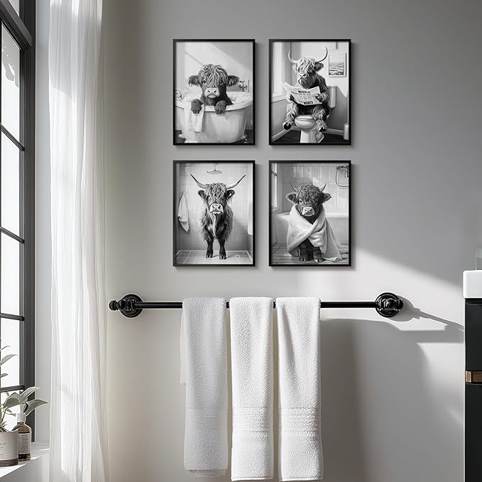 Framed Funny Highland Cow Bathroom Wall Art, 4 Piece Black and White Canvas Painting Prints, Fun Western Cow on Toilet in Bathtub Picture for Western Rustic Farmhouse Bathroom Home Decor, 11x14 Inch
