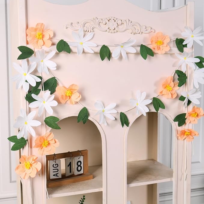 2Pcs Crepe Paper Flower Garlands, Handcrafted Hanging Flower Garland, Spring Flower Party Banners for Nursery Birthday Baby Shower Wedding Backdrop Decorations Supplies